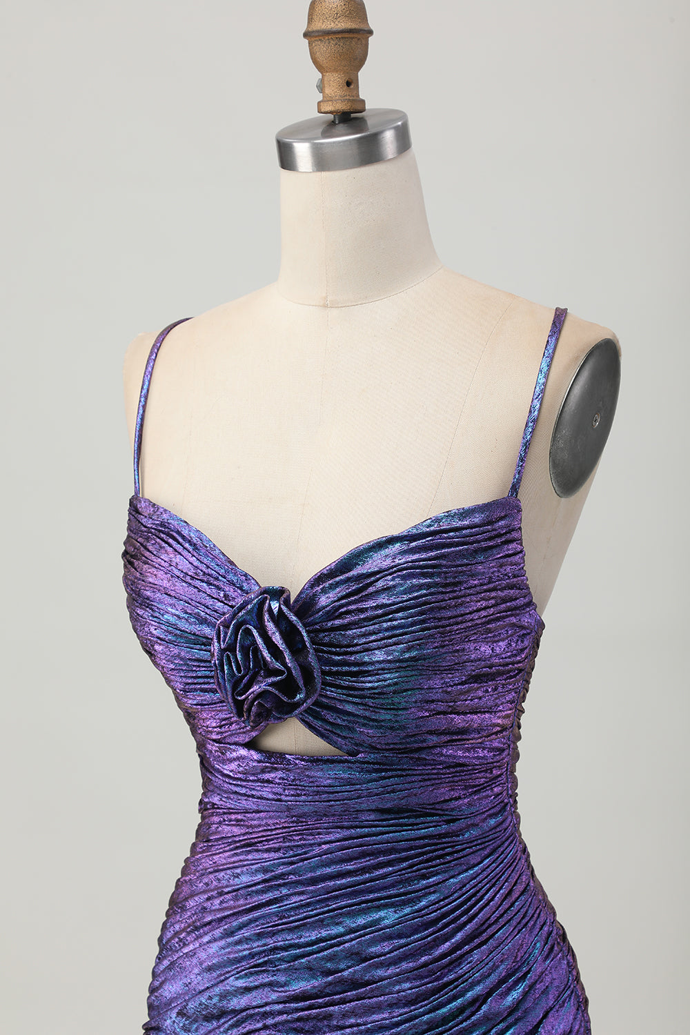 Tight Blue and Purple Metallic Floral Short Prom Dress with Ruffles