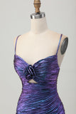 Tight Blue and Purple Metallic Floral Short Prom Dress with Ruffles