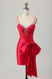 Sparkly Beaded Red Tight Corset Short Prom Dress with Bow