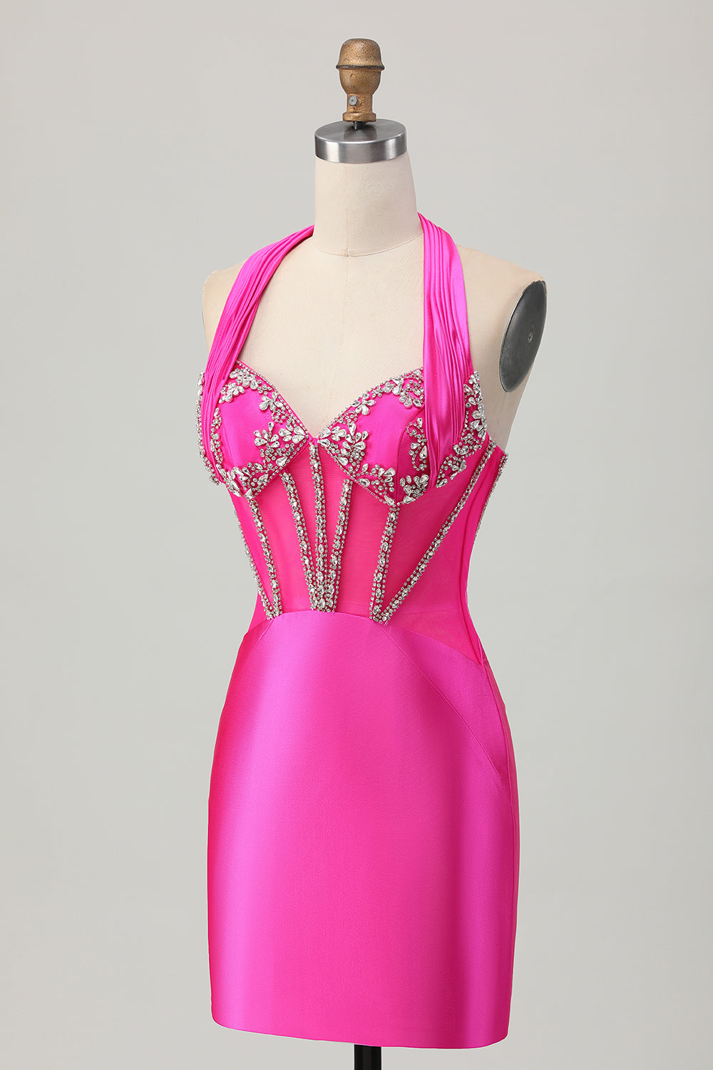 Sparkly Tight Halter Fuchsia Corset Short Prom Dress with Rhinestones