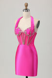 Sparkly Tight Halter Fuchsia Corset Short Prom Dress with Rhinestones