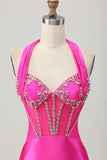 Sparkly Tight Halter Fuchsia Corset Short Prom Dress with Rhinestones