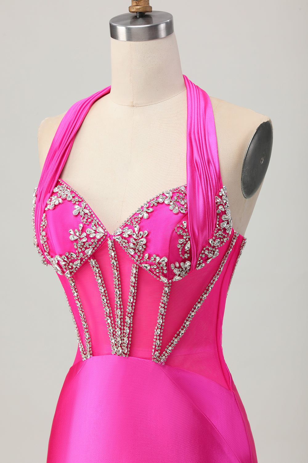 Sparkly Tight Halter Fuchsia Corset Short Prom Dress with Rhinestones