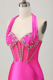 Sparkly Tight Halter Fuchsia Corset Short Prom Dress with Rhinestones