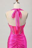 Sparkly Tight Halter Fuchsia Corset Short Prom Dress with Rhinestones