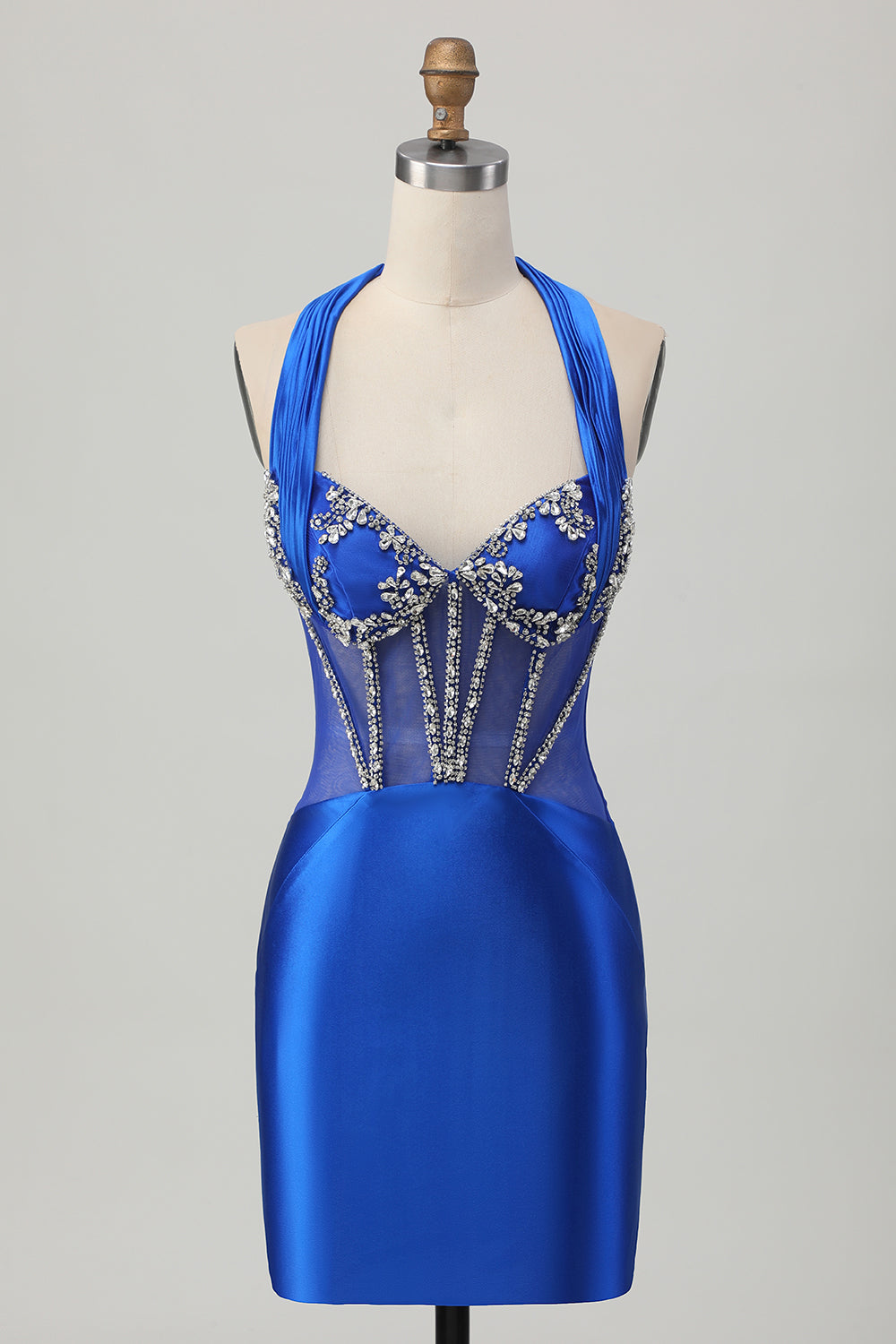 Sparkly Royal Blue Corset Halter Bodycon Short Prom Dress with Rhinestones