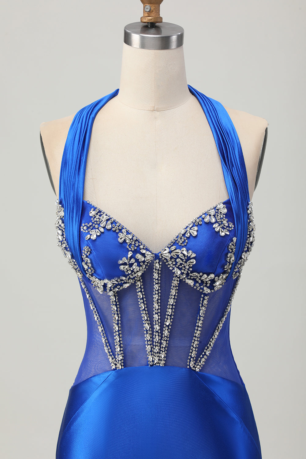 Sparkly Royal Blue Corset Halter Bodycon Short Prom Dress with Rhinestones