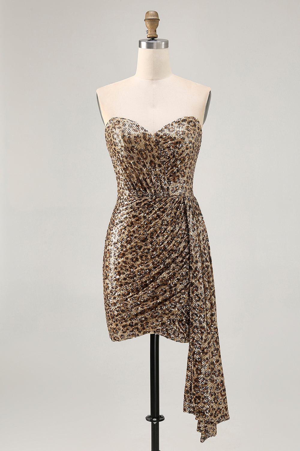 Sparkly Khaki Leopard Printed Tight Sequin Short Cocktail Dress