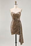 Sparkly Khaki Leopard Printed Tight Sequin Short Cocktail Dress