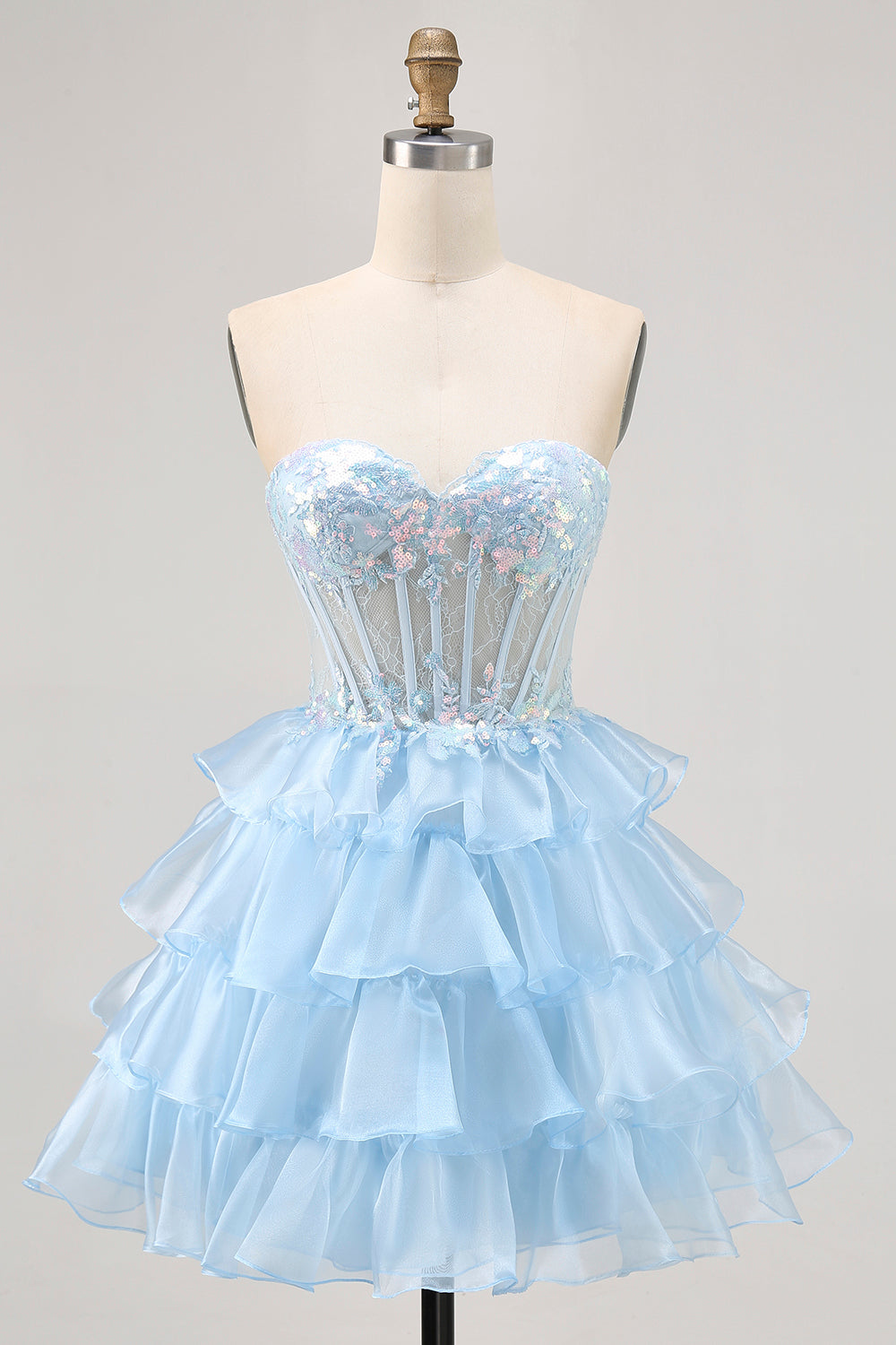 Sparkly Pink Corset Sweetheart Ruffled Short Cocktail Dress with Lace