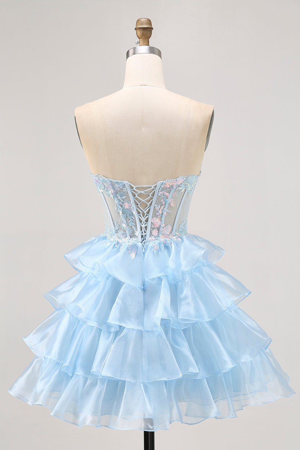 Sparkly Pink Corset Sweetheart Ruffled Short Cocktail Dress with Lace