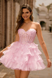 Sparkly Pink Corset Sweetheart Ruffled Short Cocktail Dress with Lace
