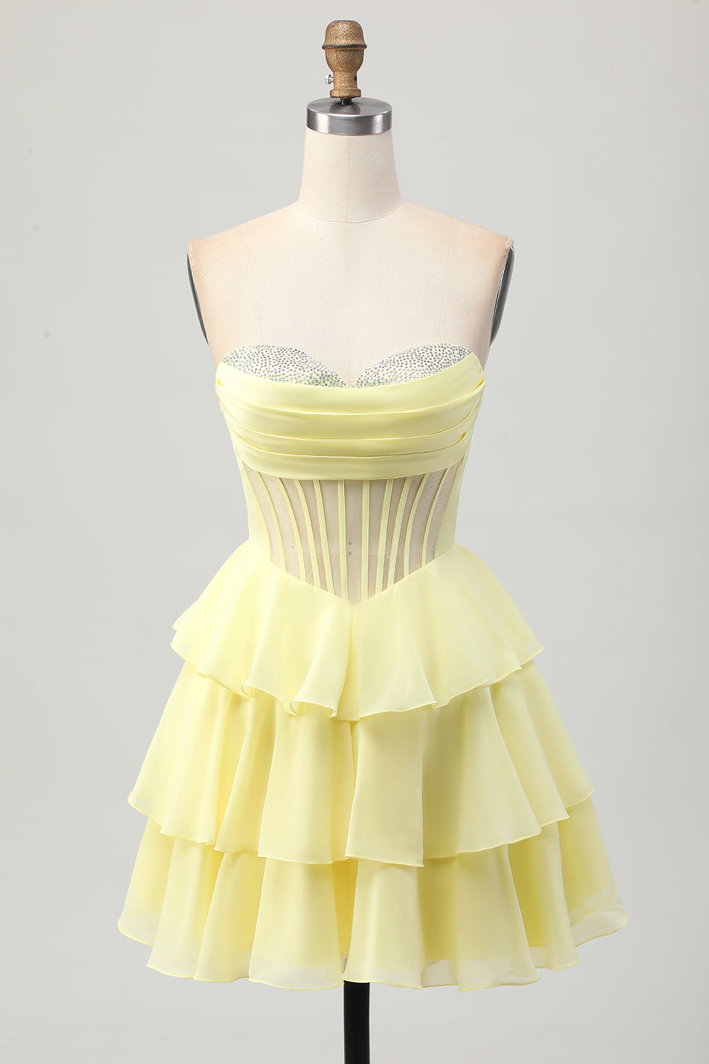 Sparkly Yellow Corset Ruffled Sweetheart Short Prom Dress with Beading