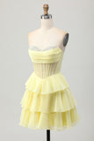 Sparkly Yellow Corset Ruffled Sweetheart Short Prom Dress with Beading