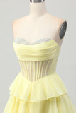 Sparkly Yellow Corset Ruffled Sweetheart Short Prom Dress with Beading