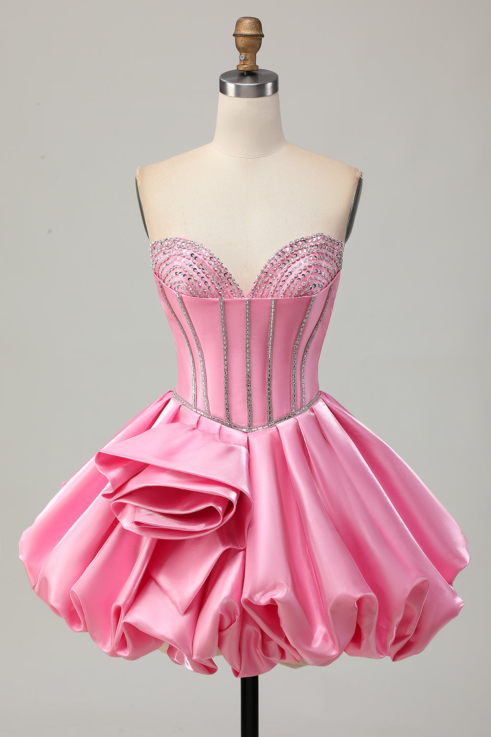 Sparkly Satin Pink Corset Strapless Short Prom Dress with Rhinestones