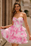 Sparkly Fuchsia Floral A Line Corset Tiered Short Cocktail Dress