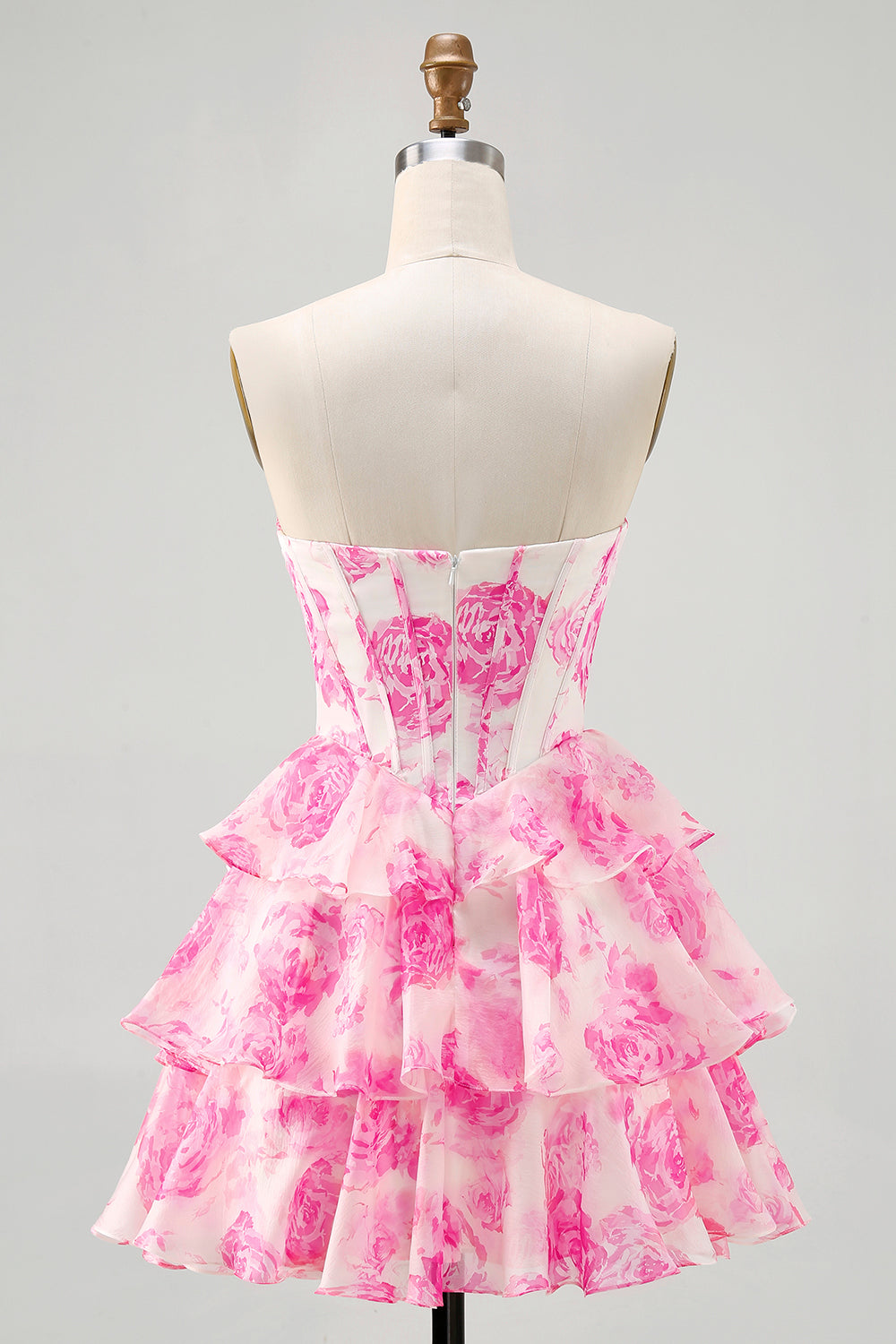 Sparkly Fuchsia Floral A Line Corset Tiered Short Cocktail Dress