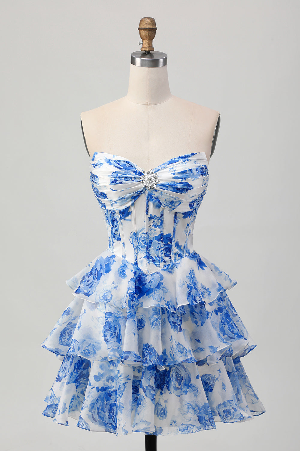 Sparkly White Blue Floral Corset A Line Short Cocktail Dress with Ruffles