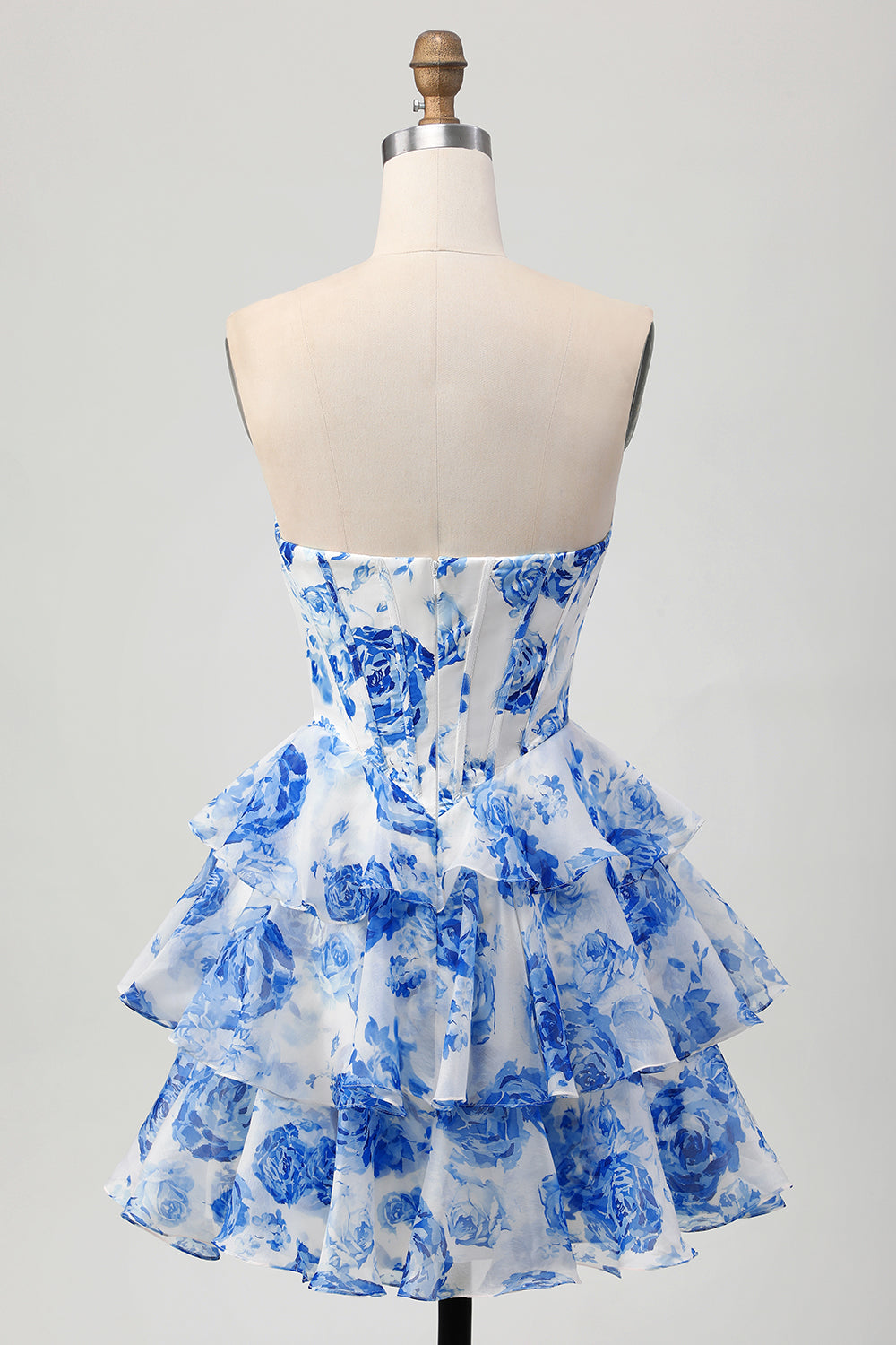 Sparkly White Blue Floral Corset A Line Short Cocktail Dress with Ruffles