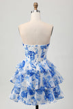 Sparkly White Blue Floral Corset A Line Short Cocktail Dress with Ruffles