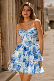 Sparkly White Blue Floral Corset A Line Short Cocktail Dress with Ruffles