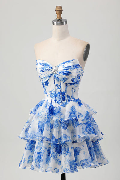 Leely Women White and Blue Floral Corset Short Prom Dress A Line
