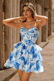 Sparkly White Blue Floral Corset A Line Short Cocktail Dress with Ruffles