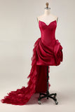Burgundy Tight Satin Short Cocktail Dress with 3D Flower