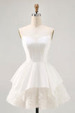 White Strapless Tiered Short Corset Prom Dress with Lace