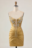 Sparkly Golden Tight Strapless Short Cocktail Dress with Beading