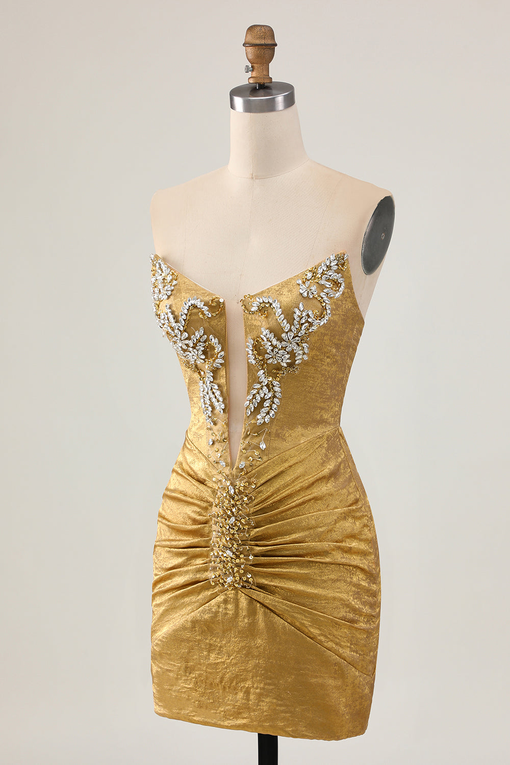 Sparkly Golden Tight Strapless Short Cocktail Dress with Beading