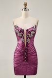 Sparkly Wine Tight Metallic Strapless Short Cocktail Dress with Beading