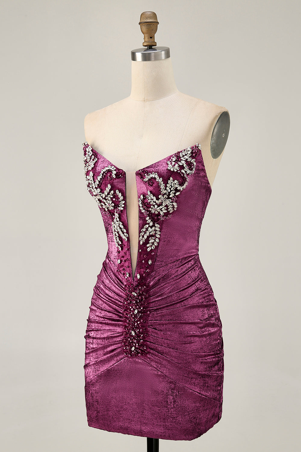 Sparkly Wine Tight Metallic Strapless Short Cocktail Dress with Beading