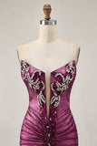 Sparkly Wine Tight Metallic Strapless Short Cocktail Dress with Beading