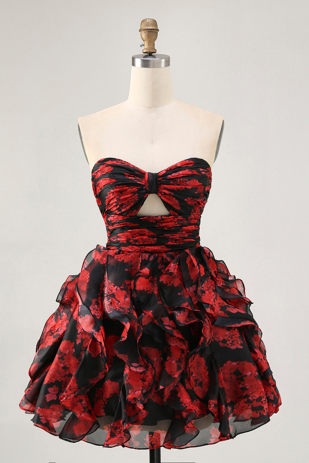 Black and Red Sweetheart Floral Keyhole Short Prom Dress with Ruffles