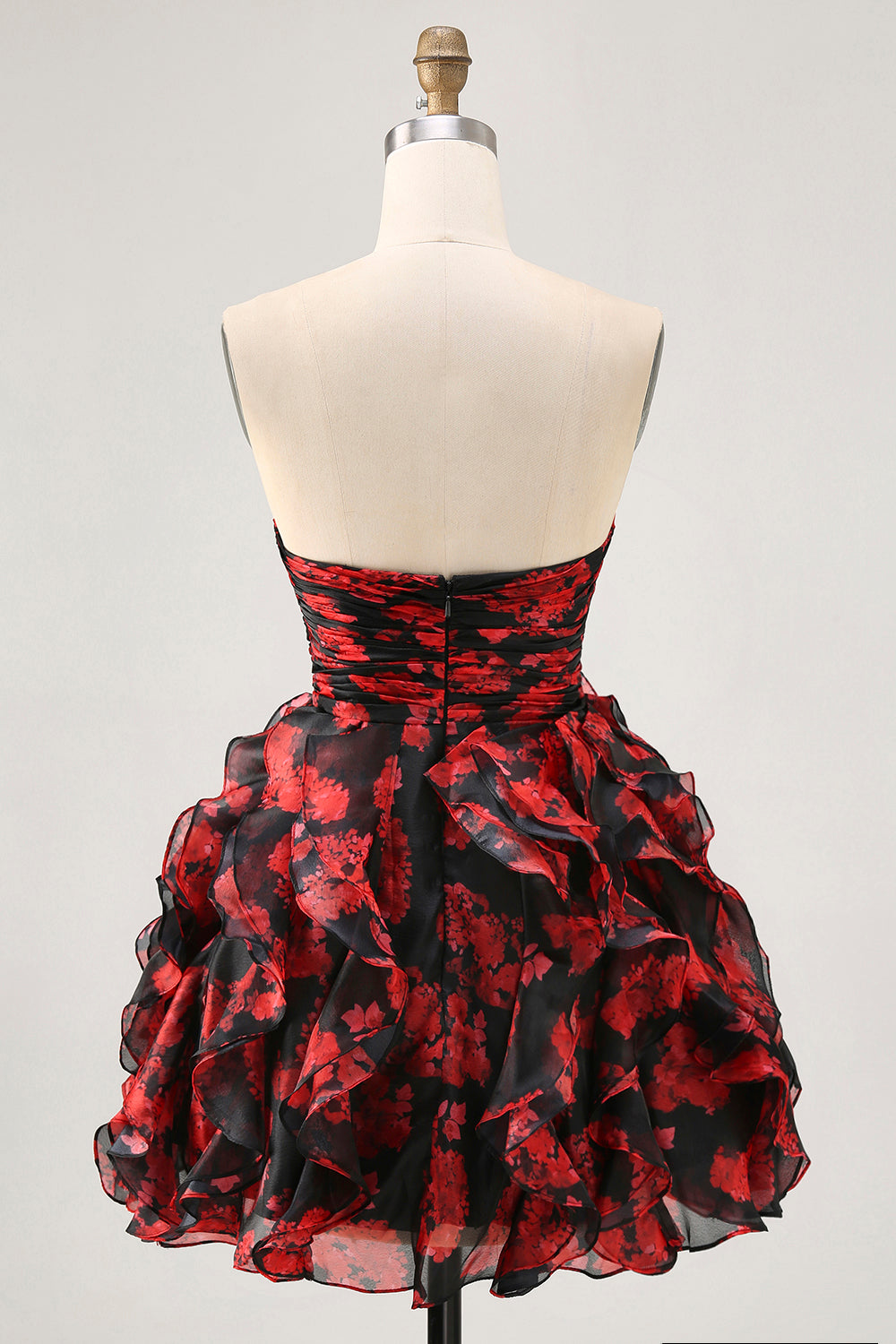 Black and Red Sweetheart Floral Keyhole Short Prom Dress with Ruffles
