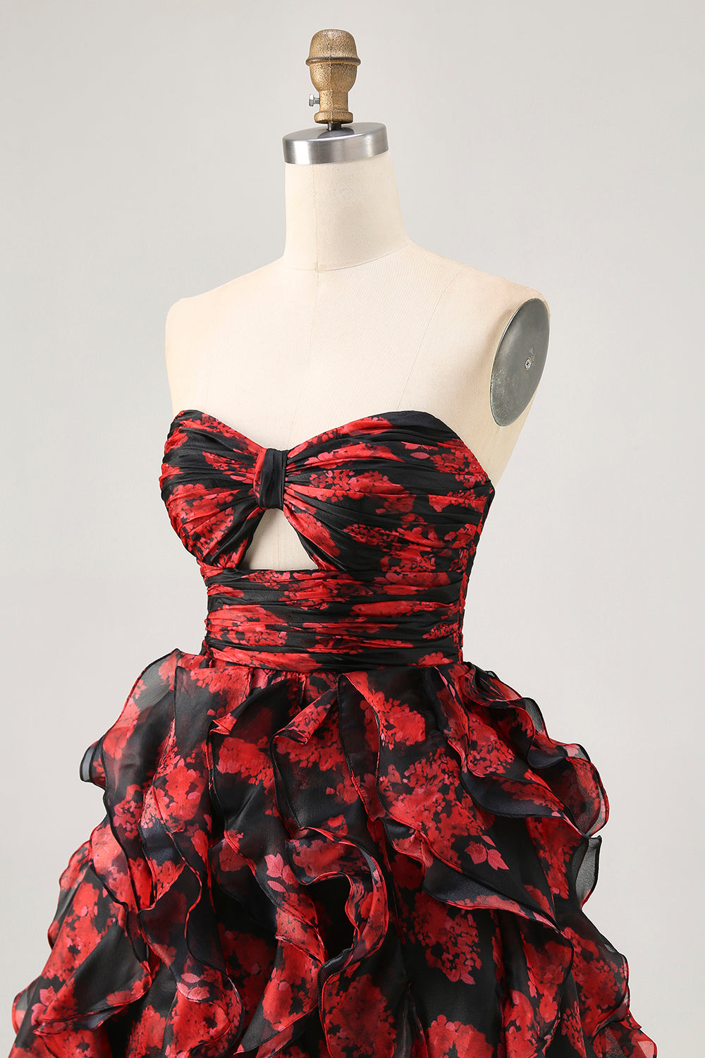 Black and Red Sweetheart Floral Keyhole Short Prom Dress with Ruffles