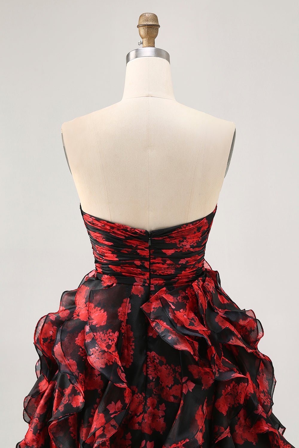 Black and Red Sweetheart Floral Keyhole Short Prom Dress with Ruffles