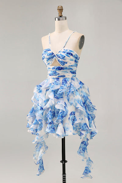 Leely Women White and Blue Ruffled Floral Short Party Dress with Pearls