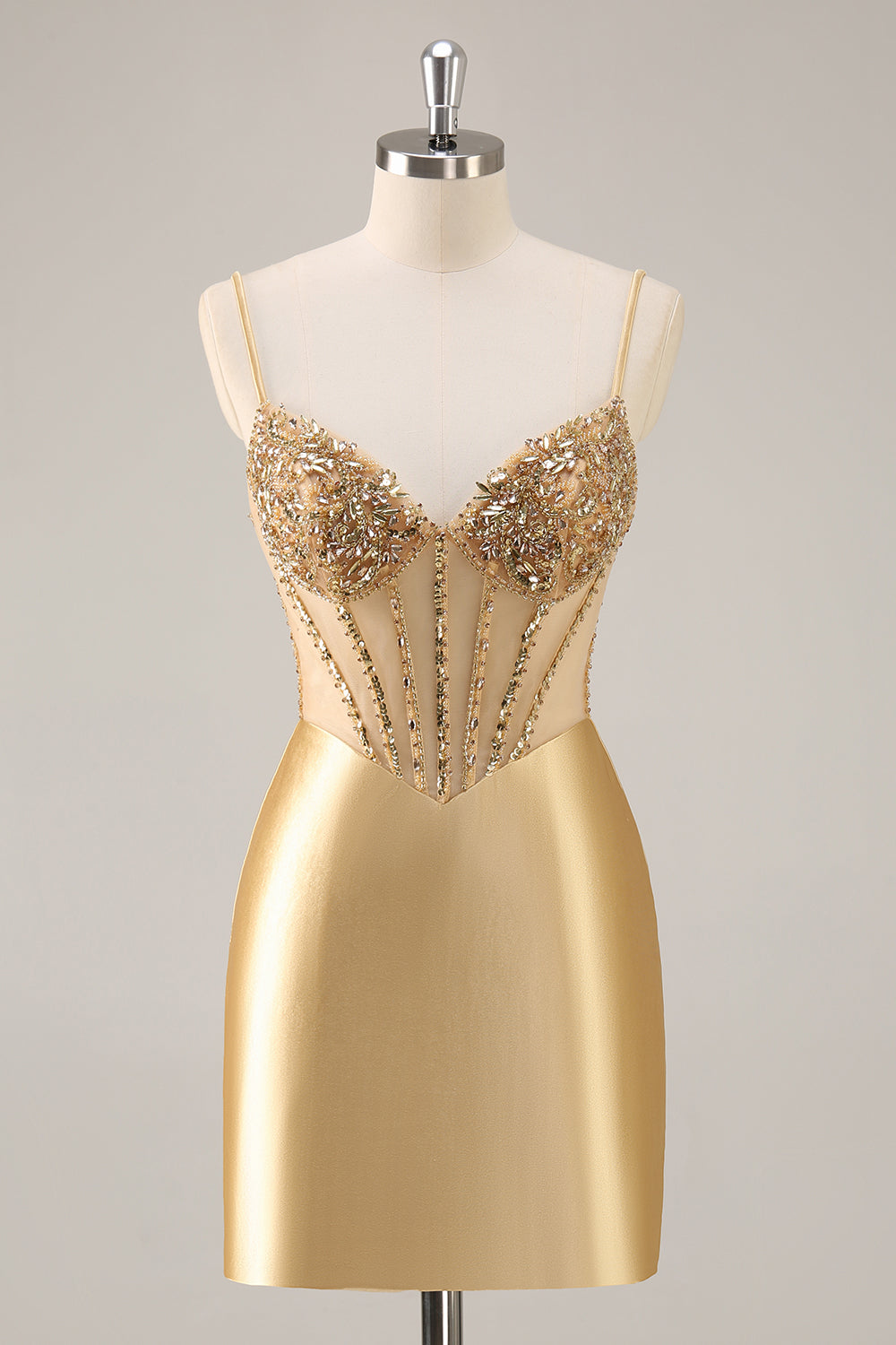 Sparkly Golden Corset Satin Tight Mini Prom Dress with Rhinestones