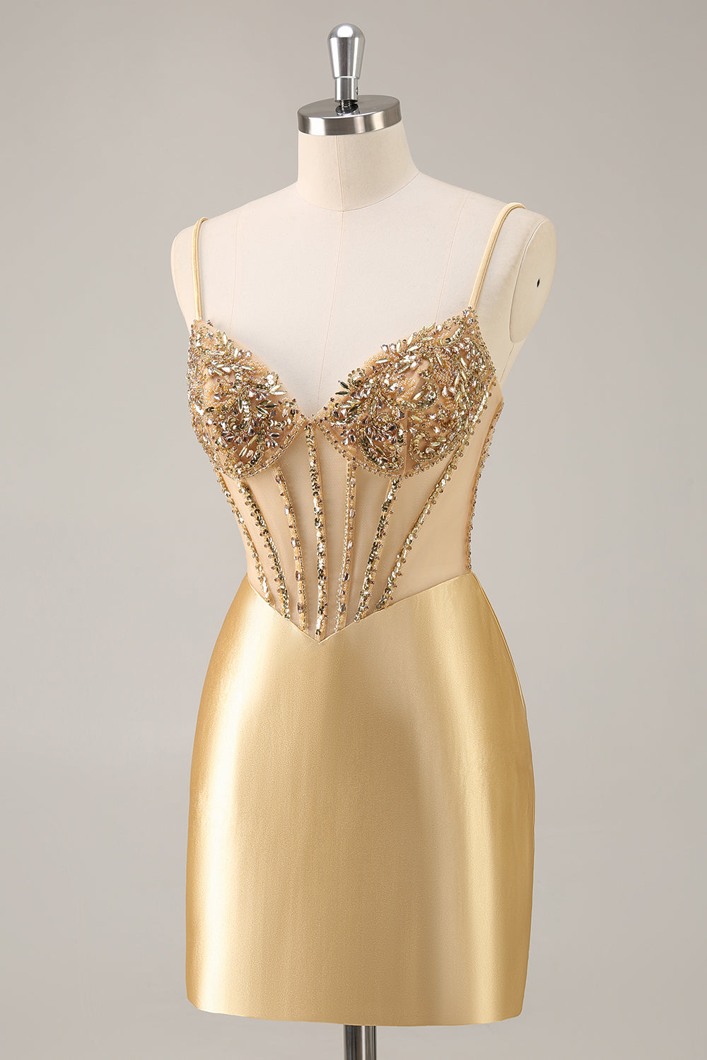 Sparkly Golden Corset Satin Tight Mini Prom Dress with Rhinestones