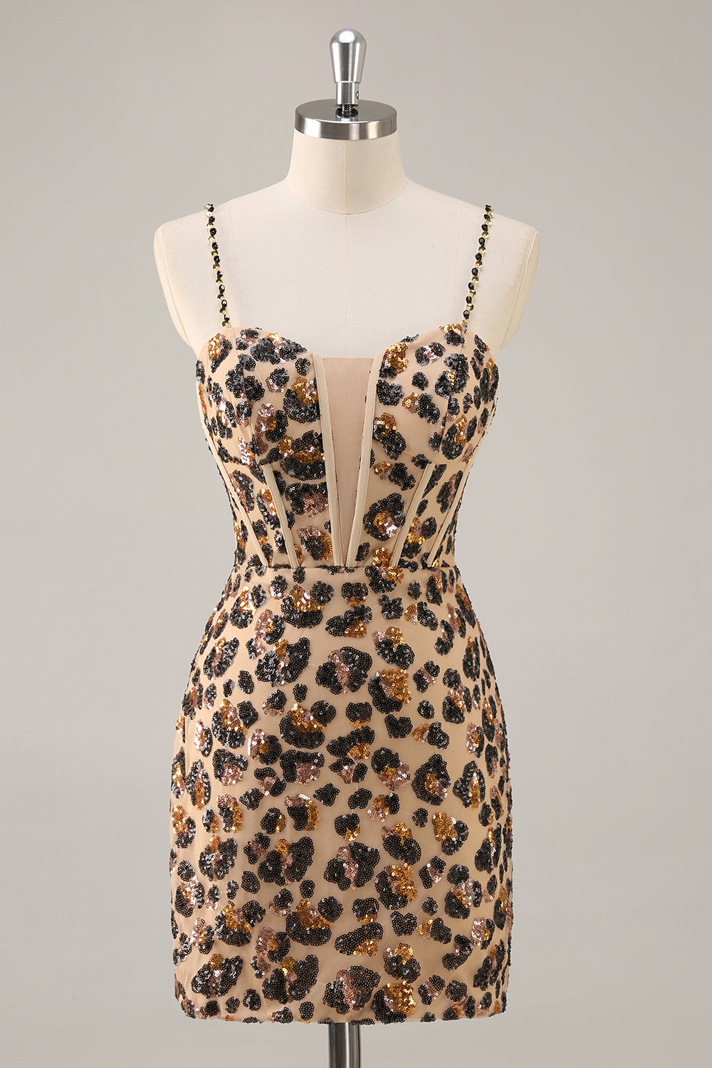 Sparkly Khaki Leopard Sequin Corset Tight Mini Prom Dress