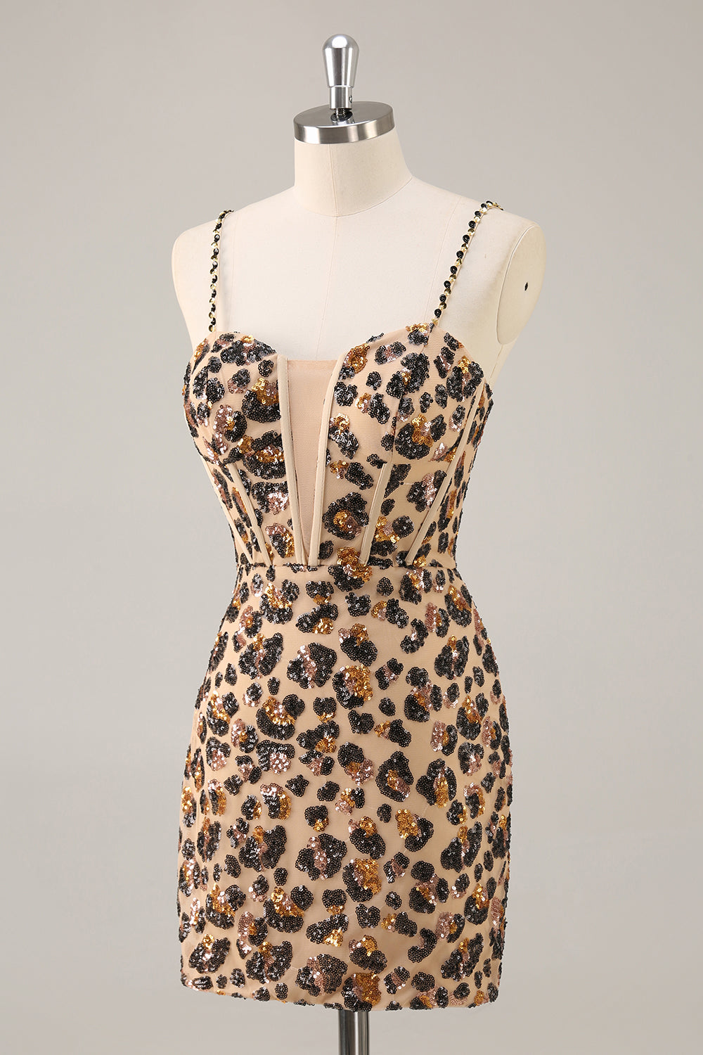 Sparkly Khaki Leopard Sequin Corset Tight Mini Prom Dress
