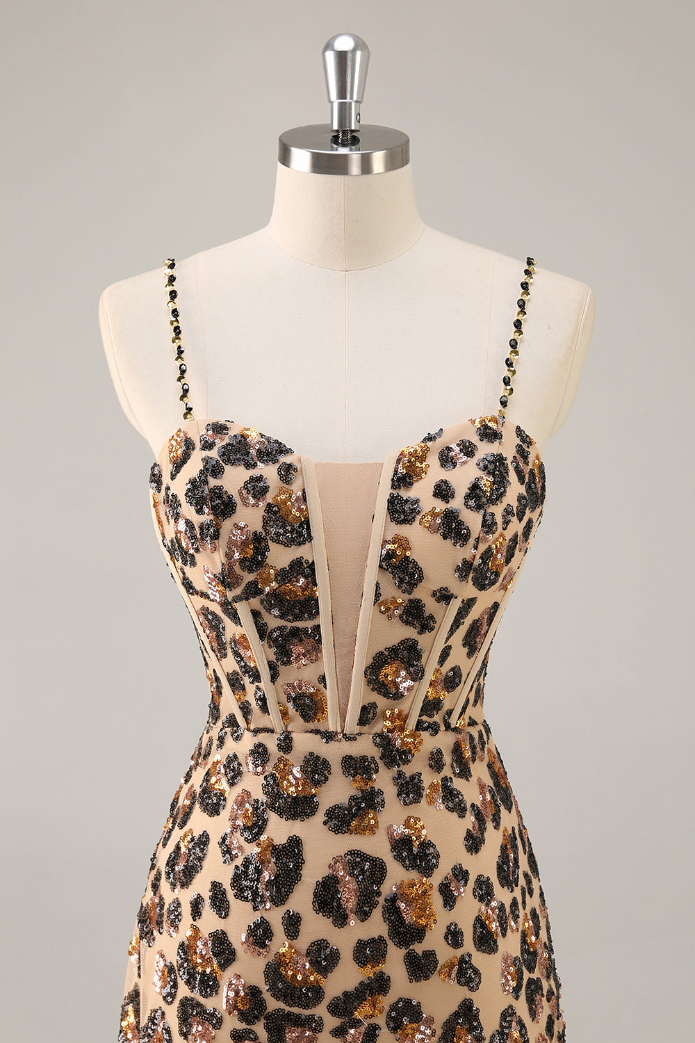 Sparkly Khaki Leopard Sequin Corset Tight Mini Prom Dress