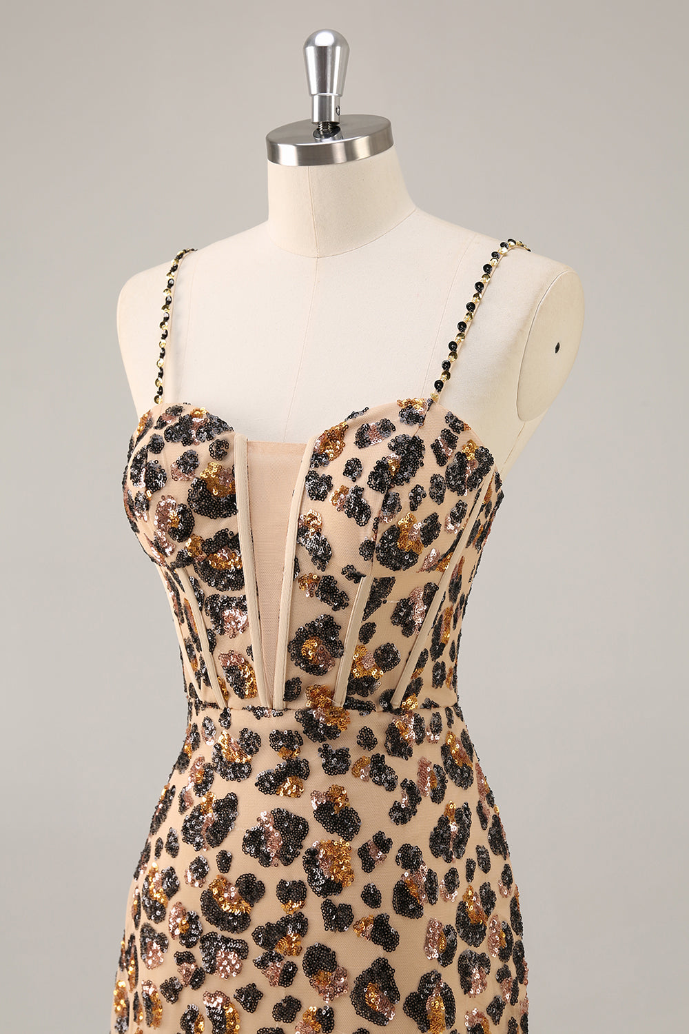 Sparkly Khaki Leopard Sequin Corset Tight Mini Prom Dress