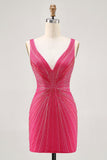 Sparkly Tight Fuchsia V-Neck Short Prom Dress with Beading
