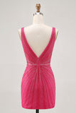Sparkly Tight Fuchsia V-Neck Short Prom Dress with Beading
