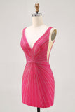 Sparkly Tight Fuchsia V-Neck Short Prom Dress with Beading