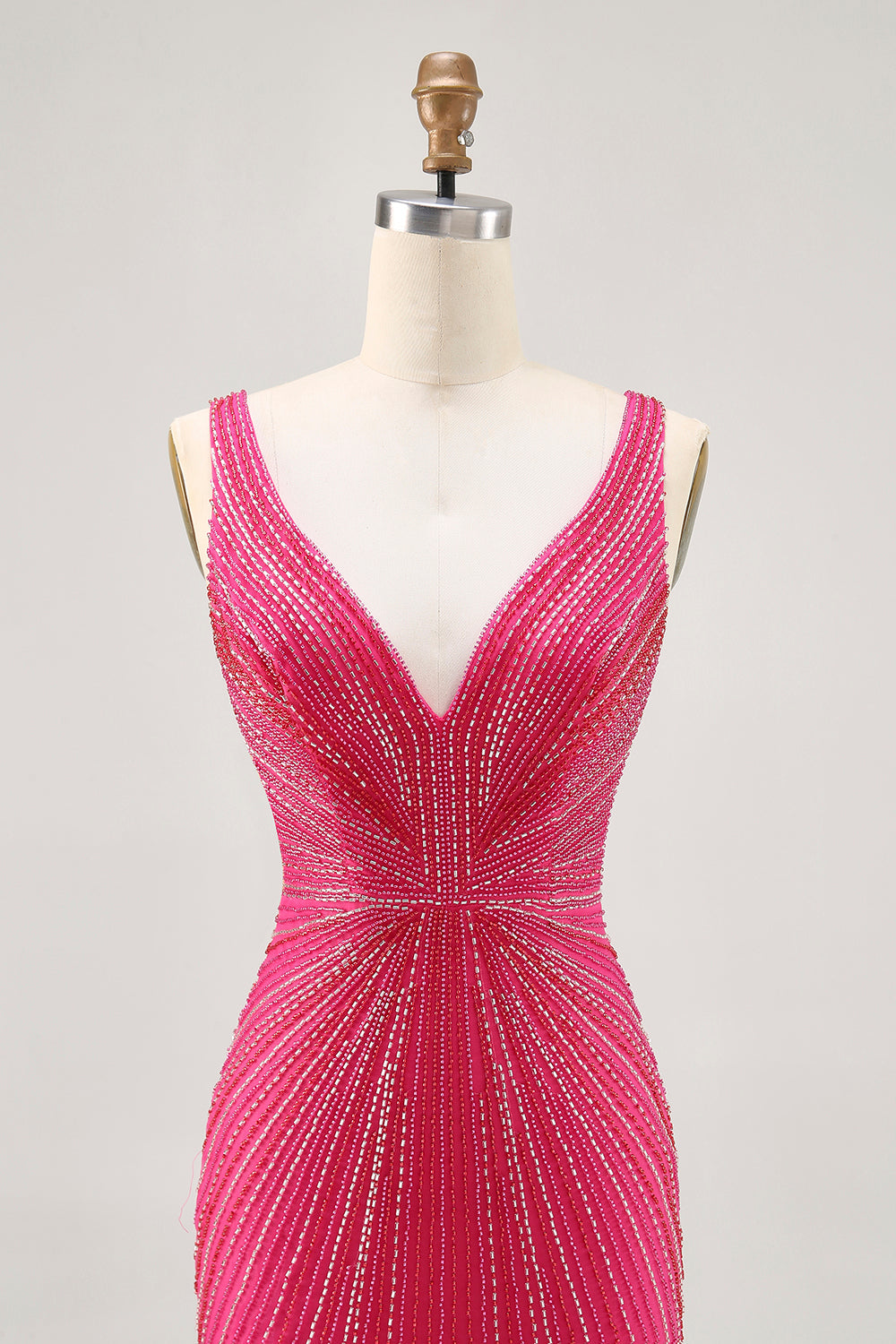 Sparkly Tight Fuchsia V-Neck Short Prom Dress with Beading